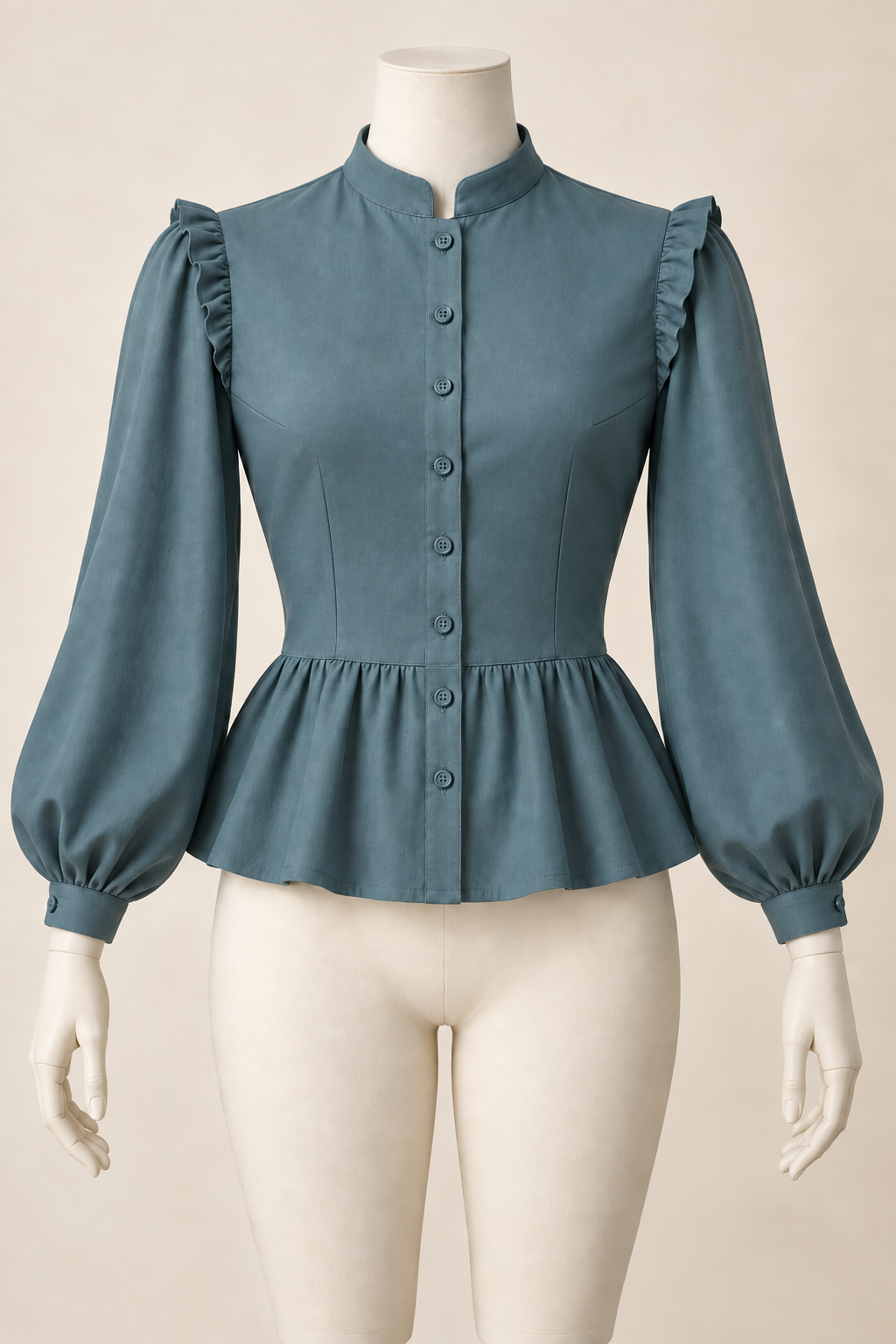 AI design preview: dusty teal fitted bishop-sleeve blouse with bust and waist darts, shoulder ruffles, front buttons and gathered peplum