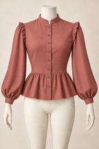 AI design preview: terracotta rose color of the same darted bishop-sleeve peplum blouse with front buttons and shoulder ruffles