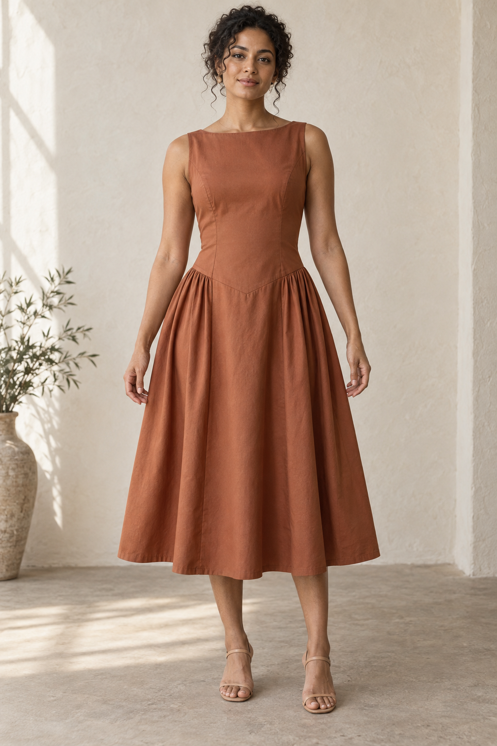 AI design preview: adult woman in a copper boat-neck midi dress with smooth fitted bodice and side-gathered skirt, front view.