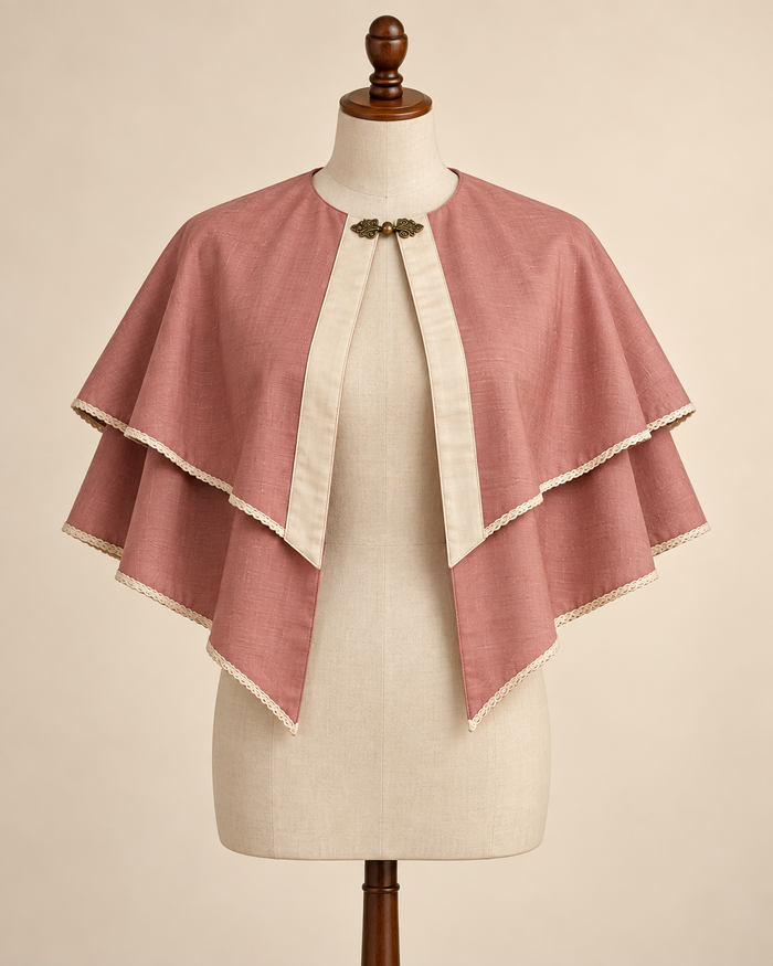 AI styling preview of the rose double-tier bolero cape with ivory front bands, front view