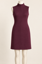 AI design preview: mulberry sleeveless knit sheath with integral standing bottle neckline, no separate neckband and long curved princess seams