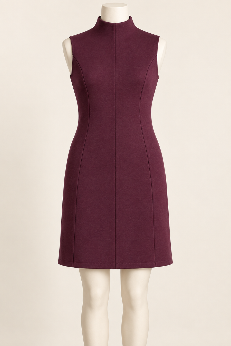 AI design preview: mulberry sleeveless knit sheath with integral standing bottle neckline, no separate neckband and long curved princess seams