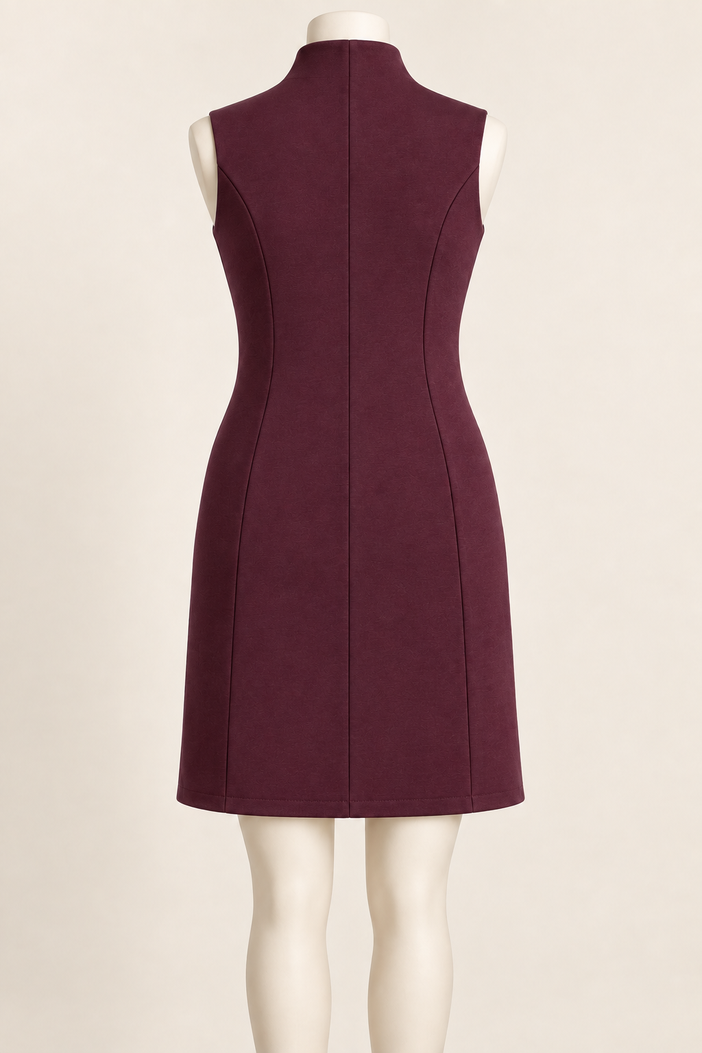 AI design preview: rear of the mulberry knit sheath showing integral standing neck, center-back seam and curved princess seams