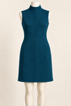 AI design preview: petrol teal color of the same sleeveless knit sheath with integral bottle neckline and princess panels