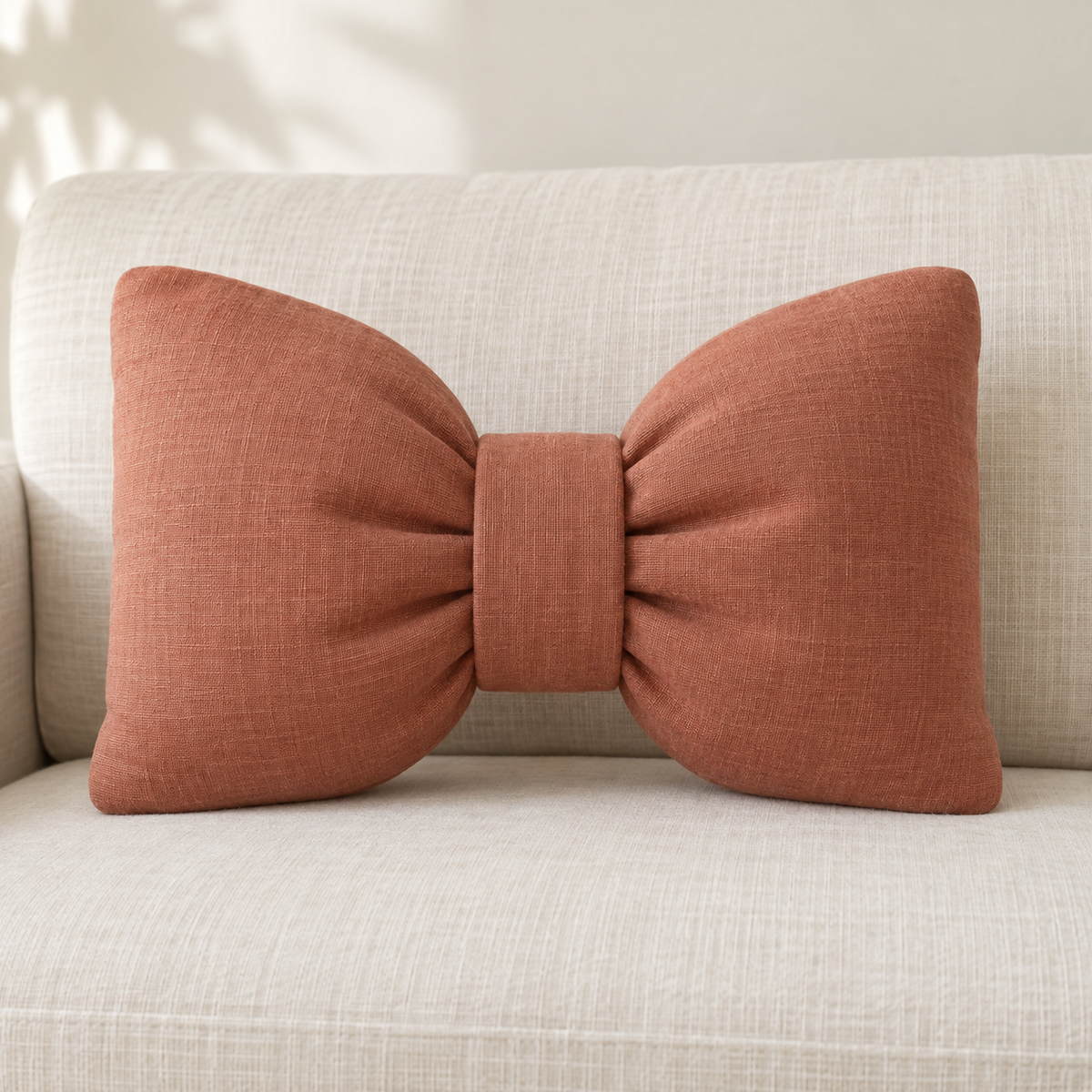 AI design preview: dusty terracotta bow cushion with two filled lobes and wide center band on an ivory sofa, front view