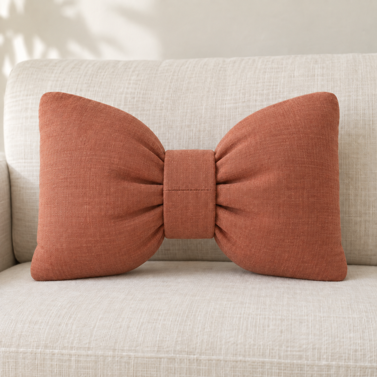 AI design preview: same terracotta bow cushion showing the plain rear and closed center-band join