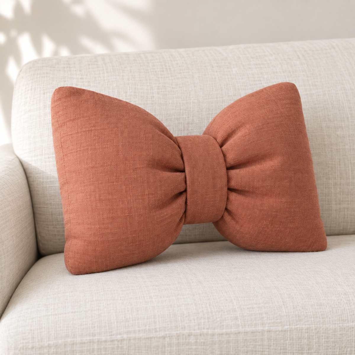 AI design preview: angled view of the same terracotta bow cushion showing lobe depth and gathering at the center