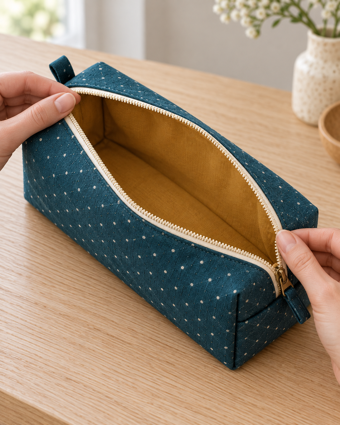 AI design preview: teal boxed zipper pouch held open to show one ochre-lined compartment with no internal pockets or dividers.