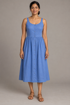 Front design preview of a cornflower blue button-front sundress with fixed straps, a scoop neckline and gathered midi skirt.