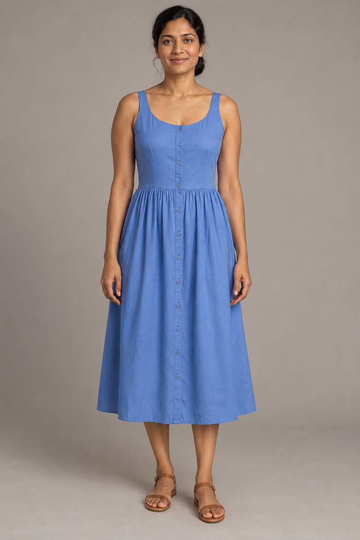 Front design preview of a cornflower blue button-front sundress with fixed straps, a scoop neckline and gathered midi skirt.