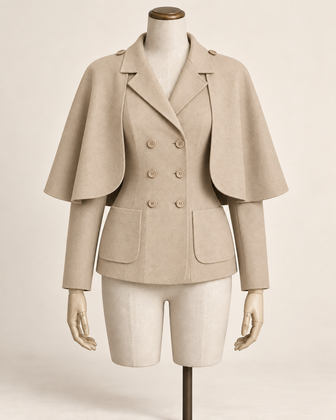 AI concept illustration of 1930s detachable cape jacket, front view in alternative sand beige, on a mannequin.