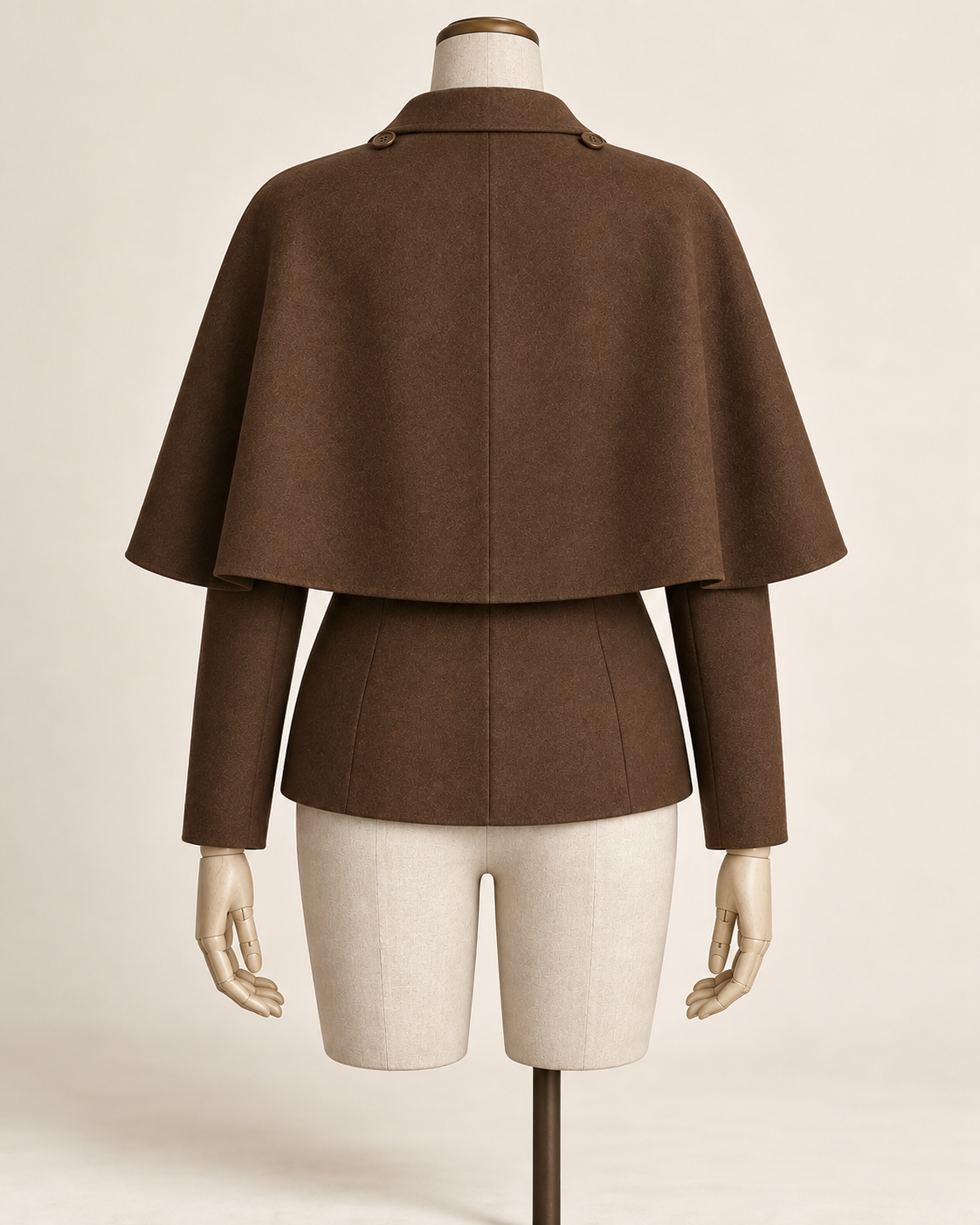 AI concept illustration of 1930s detachable cape jacket, back view in chestnut brown, on a mannequin.