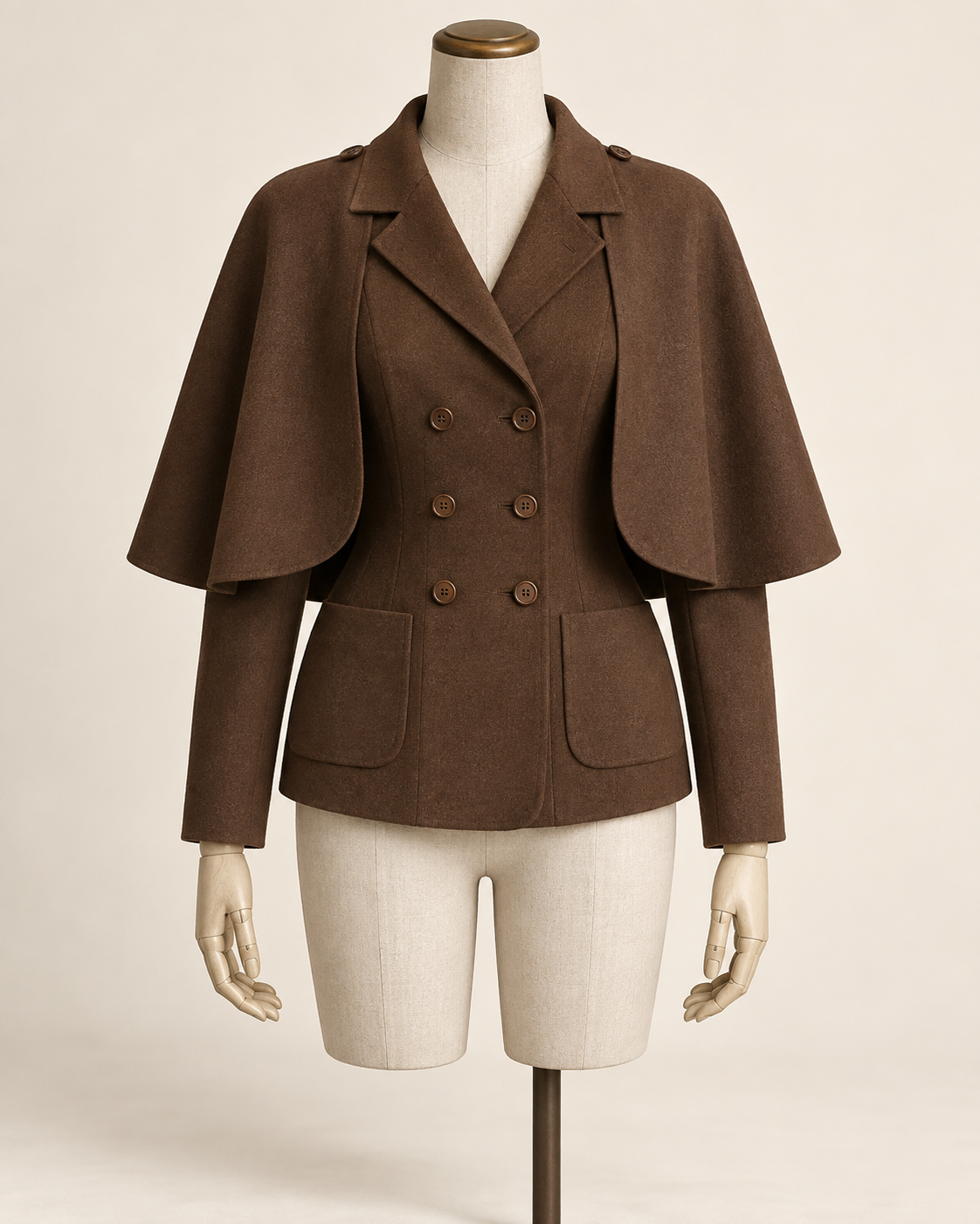AI concept illustration of 1930s detachable cape jacket, front view in chestnut brown, on a mannequin.