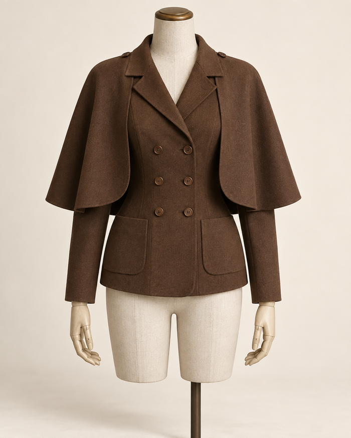 AI concept illustration of 1930s detachable cape jacket, front view in chestnut brown, on a mannequin.