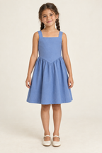 AI design preview: child in a blue square-neck dress with broad straps, a pointed front waist and single gathered knee-length skirt