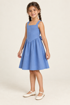 AI design preview: three-quarter view of the blue child dress showing its V-shaped front waist seam and smooth plain bodice