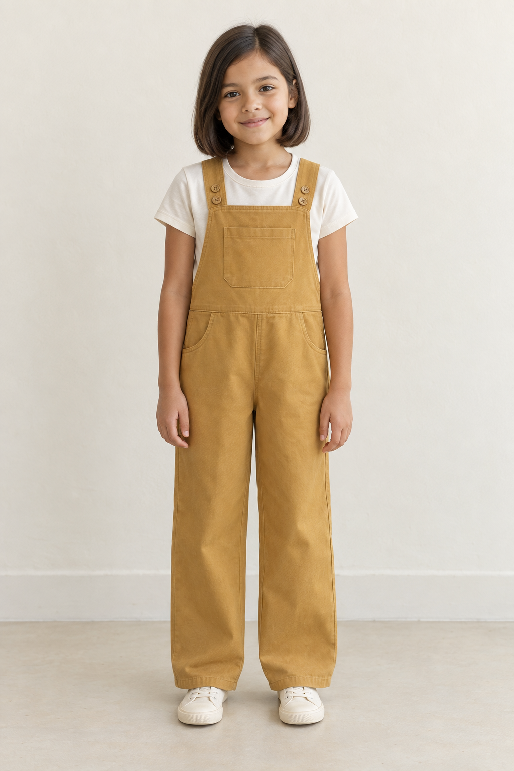 AI design preview: child in ochre bib overalls over ivory T-shirt, showing four strap buttons, chest pocket and curved hip pockets, front view