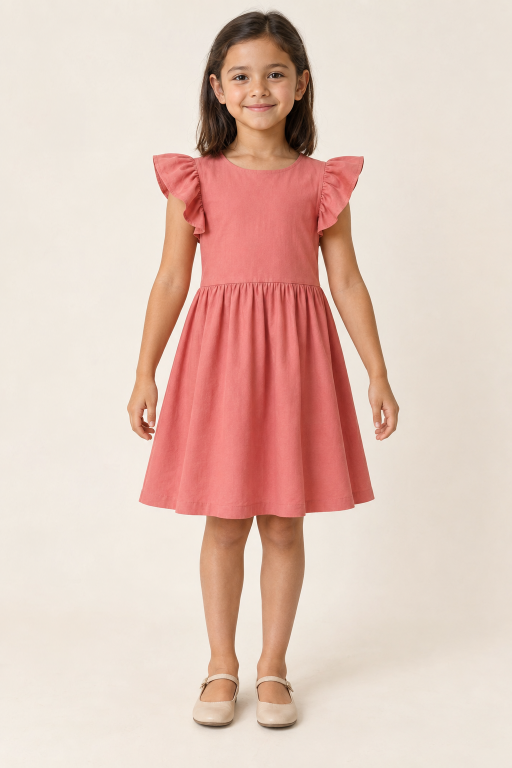 AI design preview: child wearing a coral rose flutter-sleeve dress with a round neckline, level waist and single gathered knee-length skirt
