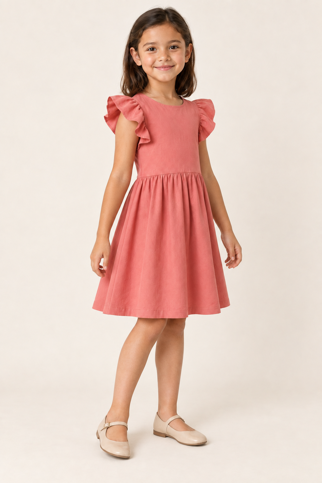 AI design preview: three-quarter view of the coral child dress showing free flutter sleeves and one softly gathered skirt