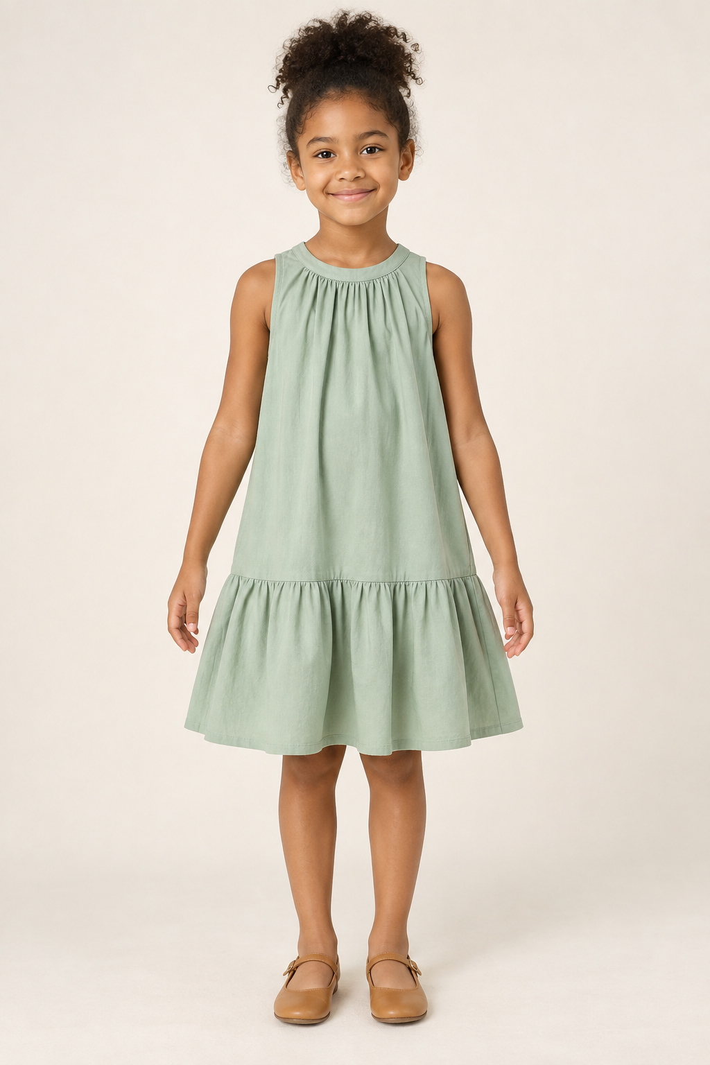 AI design preview: child in a sage-green sleeveless dress with gathers into a round neckband and one lower flounce