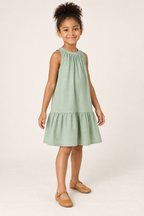 AI design preview: three-quarter view of the loose sage child dress with continuous unwaisted body and gathered hem section