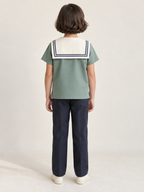 Rear view of children's sea-green middy blouse showing an ivory square sailor collar