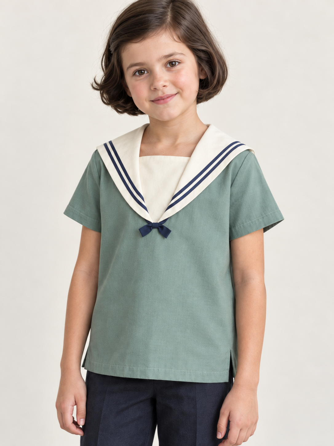 Front collar detail of children's sailor blouse with navy double braid and short fixed knot tabs