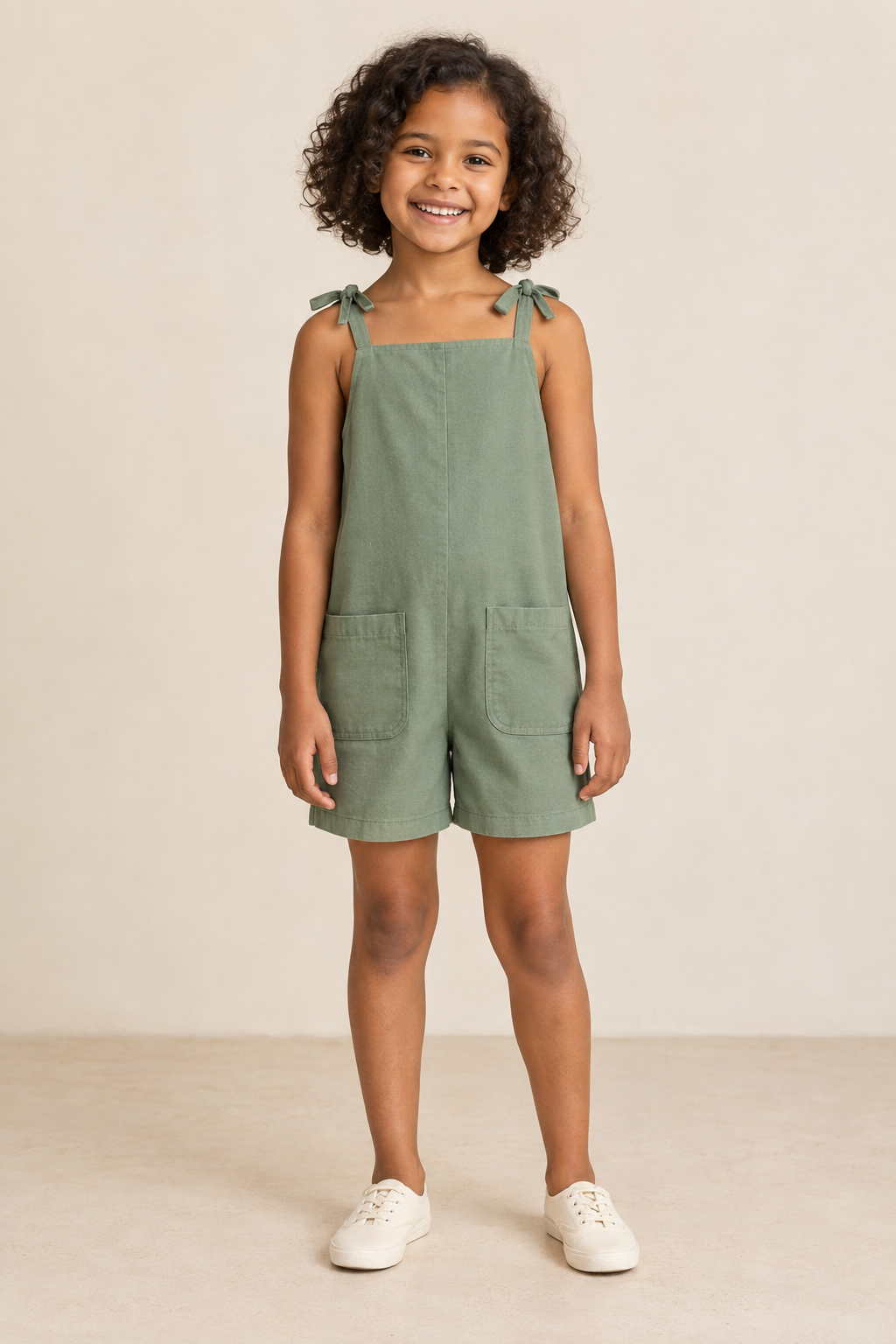 AI design preview: child in eucalyptus tie-shoulder short romper with square neckline, continuous body and two rounded patch pockets, front view