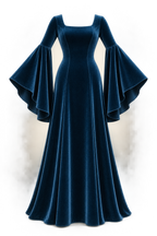AI design preview: deep peacock-blue knit dress with square front neck, continuous princess seams and circle lower sleeves joined above the elbows