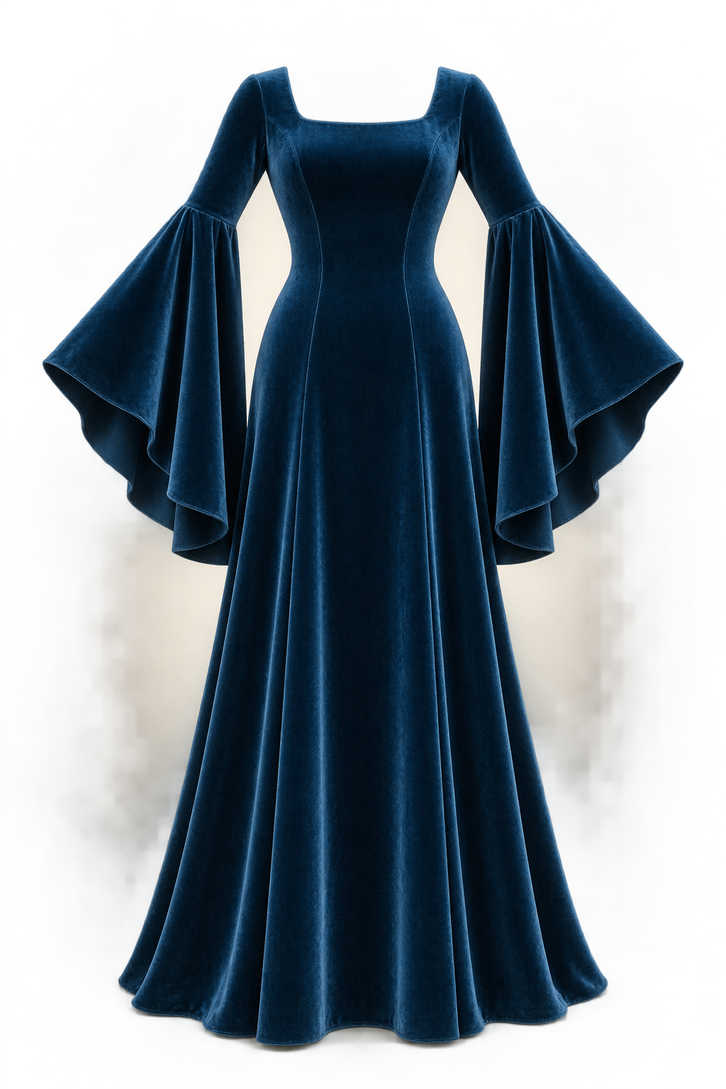 AI design preview: deep peacock-blue knit dress with square front neck, continuous princess seams and circle lower sleeves joined above the elbows
