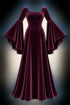 AI design preview: muted mulberry color of the same square-neck long knit dress with fitted upper sleeves and flowing circle lower sleeves