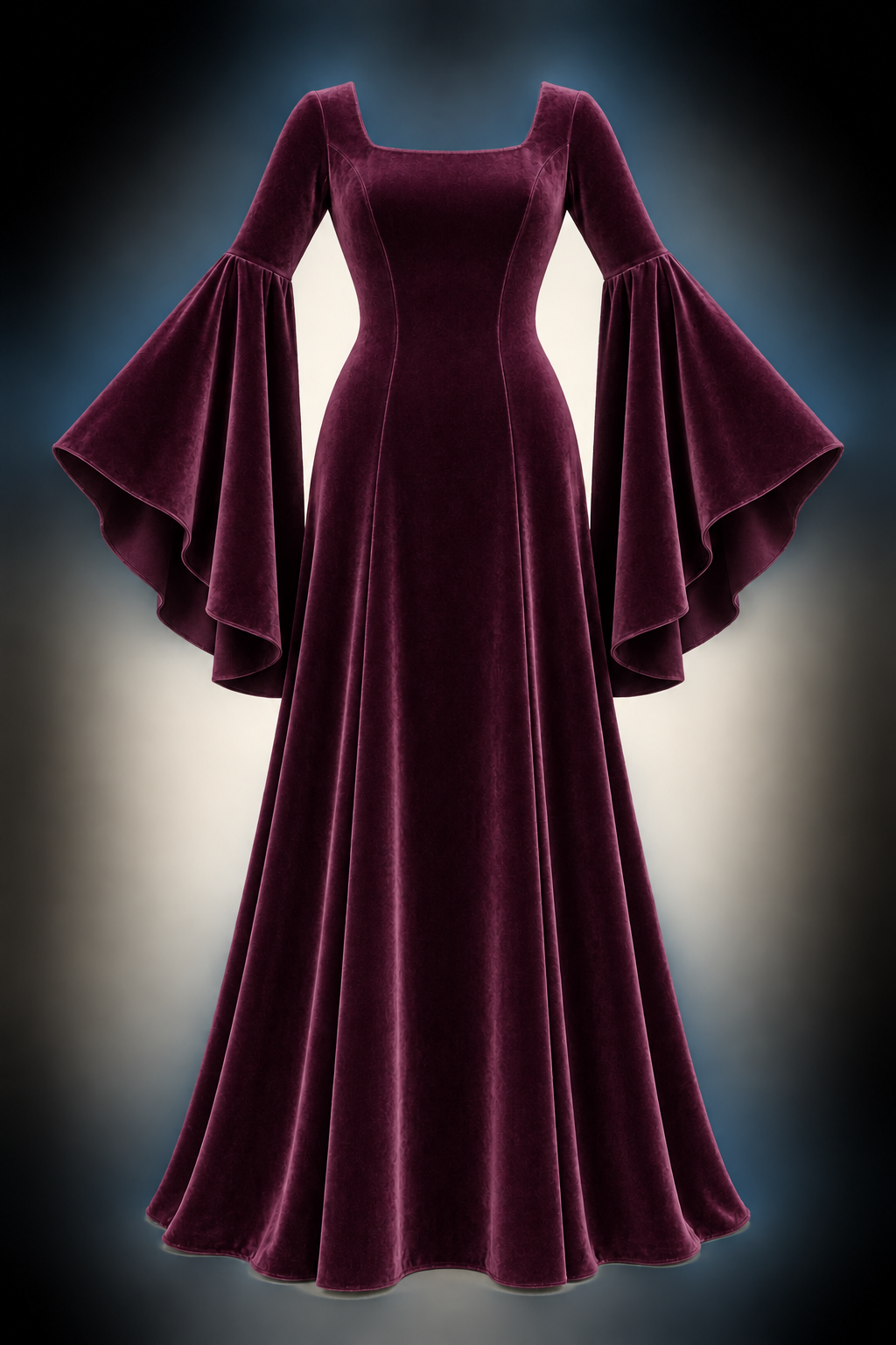 AI design preview: muted mulberry color of the same square-neck long knit dress with fitted upper sleeves and flowing circle lower sleeves