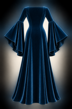 AI design preview: peacock-blue long knit dress rear with high closed neckline, curved shaping seams and separately joined circle lower sleeves