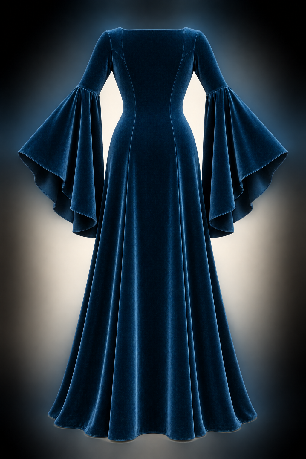 AI design preview: peacock-blue long knit dress rear with high closed neckline, curved shaping seams and separately joined circle lower sleeves