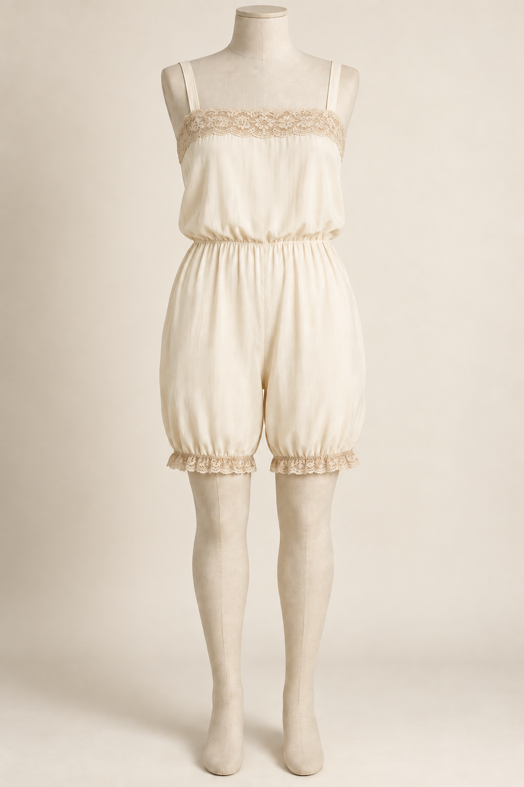 AI front preview of the same 1910s-inspired combination underwear in warm ivory and ecru lace