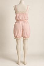AI back preview of pink camiknicker underwear with a straight lace back and softly gathered waist