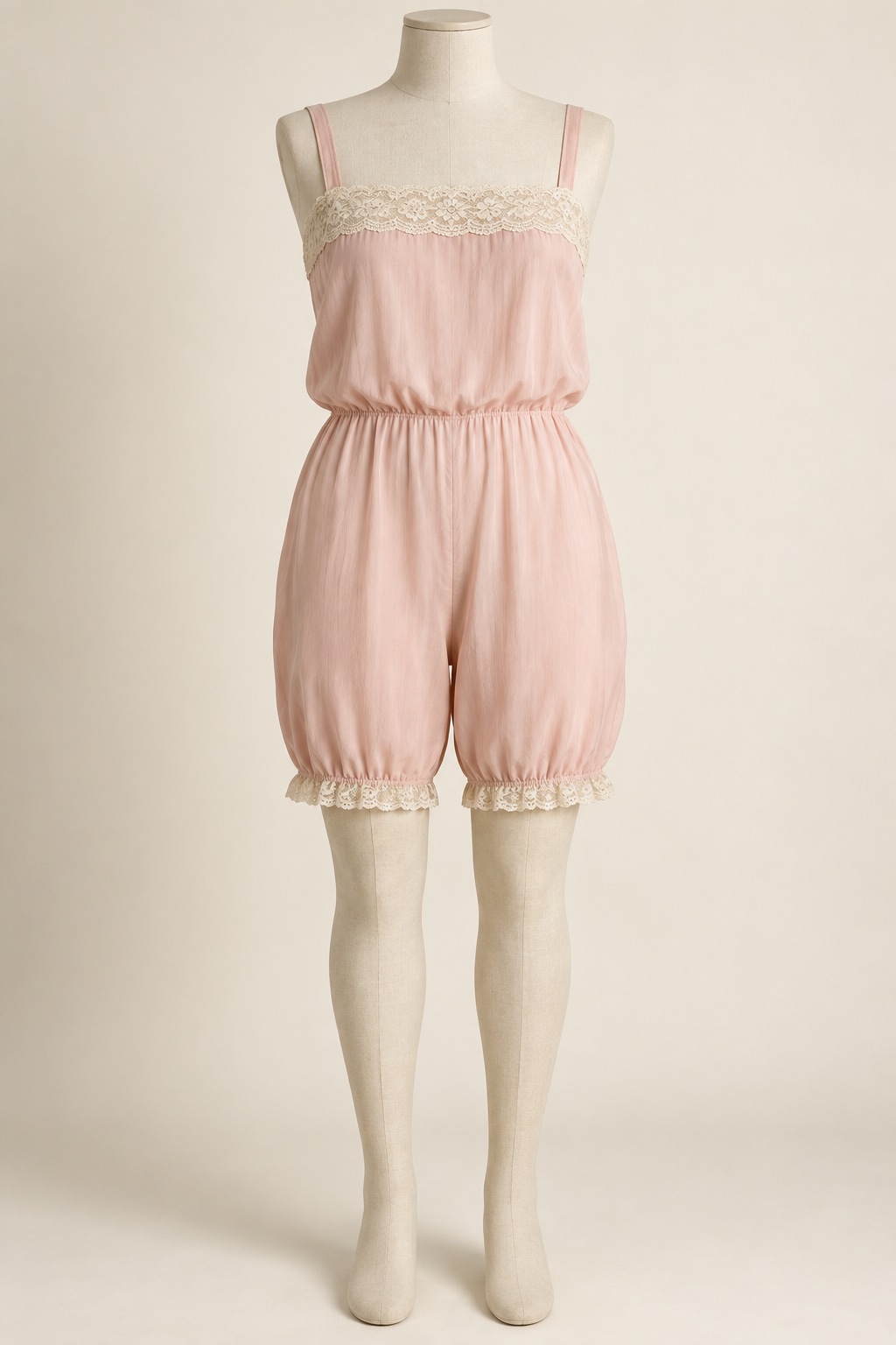 AI front preview of pink combination underwear with thin straps, lace upper band and gathered legs