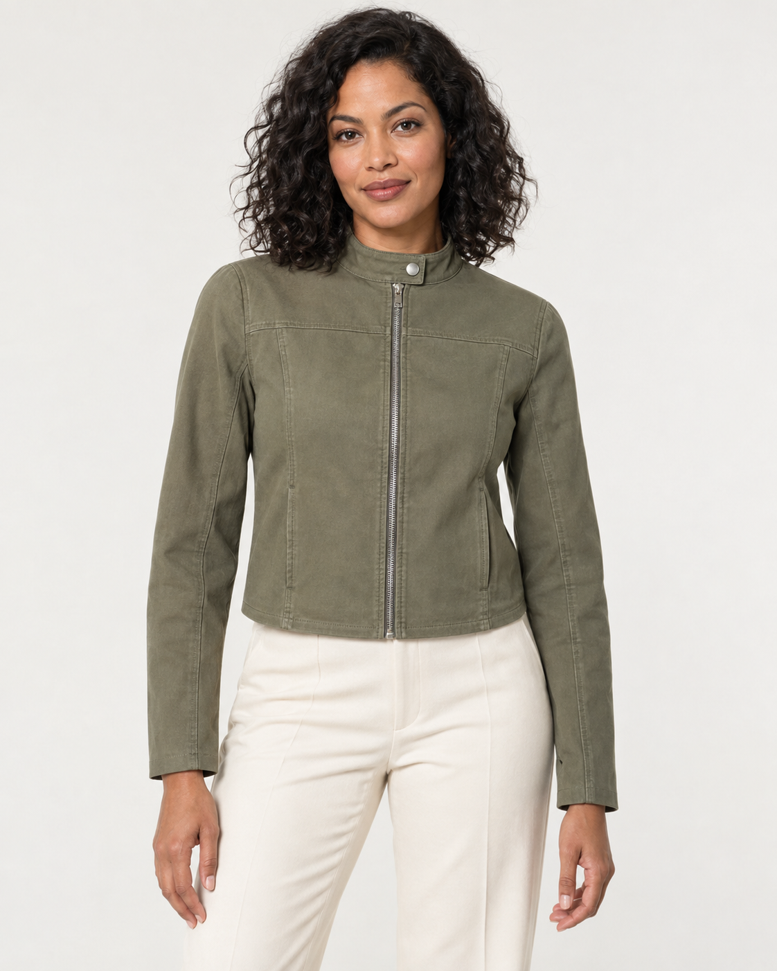 AI design preview: adult woman in an olive cropped racer jacket with a centered silver zipper, single-snap collar and paneled front