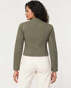 AI design preview: rear of the same olive jacket showing its upper yoke, center seam and side-back shaping seams