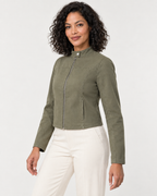 AI design preview: three-quarter view of the olive racer jacket showing the front zipper and discreet panel-seam pocket