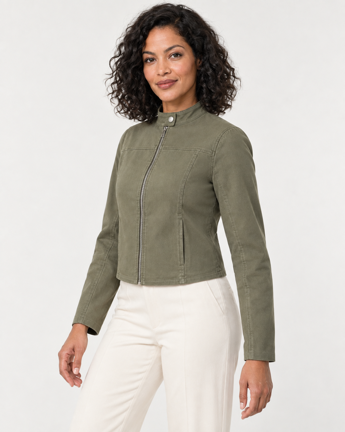 AI design preview: three-quarter view of the olive racer jacket showing the front zipper and discreet panel-seam pocket