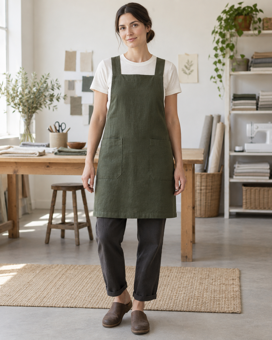 Cross-back pinafore apron sewing pattern design preview, front view in moss green with two patch pockets.