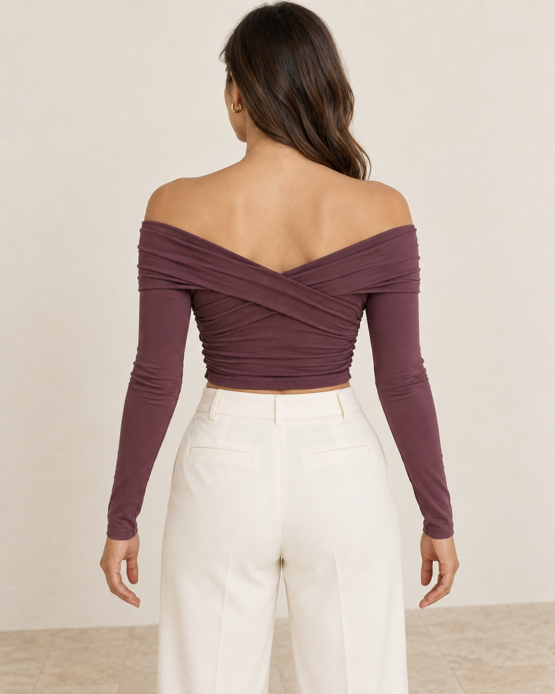 AI design preview: rear of the same plum crop top showing crossed back bands, bare shoulders and gathered torso