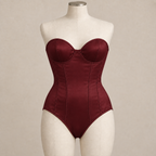 AI design preview: oxblood front palette of the same strapless cupped corset bodysuit with continuous shaped torso