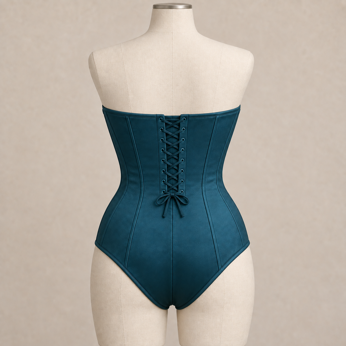 AI design preview: rear of teal corset bodysuit with back lacing over an opaque modesty panel and full brief coverage
