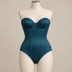 AI design preview: front of petrol-teal cupped corset bodysuit with separate shaped cups and panels continuing into a closed brief bottom