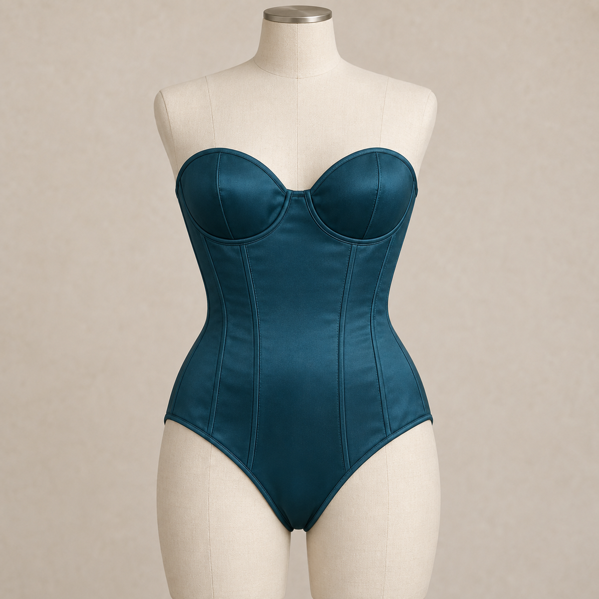AI design preview: front of petrol-teal cupped corset bodysuit with separate shaped cups and panels continuing into a closed brief bottom