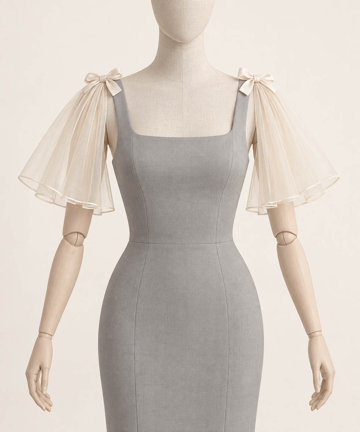 AI design preview: champagne-ivory detachable shoulder cape sleeves with small bows, front view on a gray styling dress.