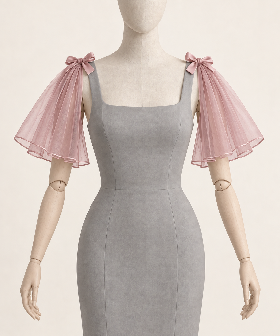 AI design preview: dusty-rose shoulder cape sleeves showing the same short open flounces and bows.