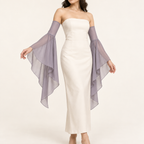 AI design preview: lavender detached sleeves with smooth upper-arm sections and long asymmetric sheer bell drapes; ivory dress is styling only